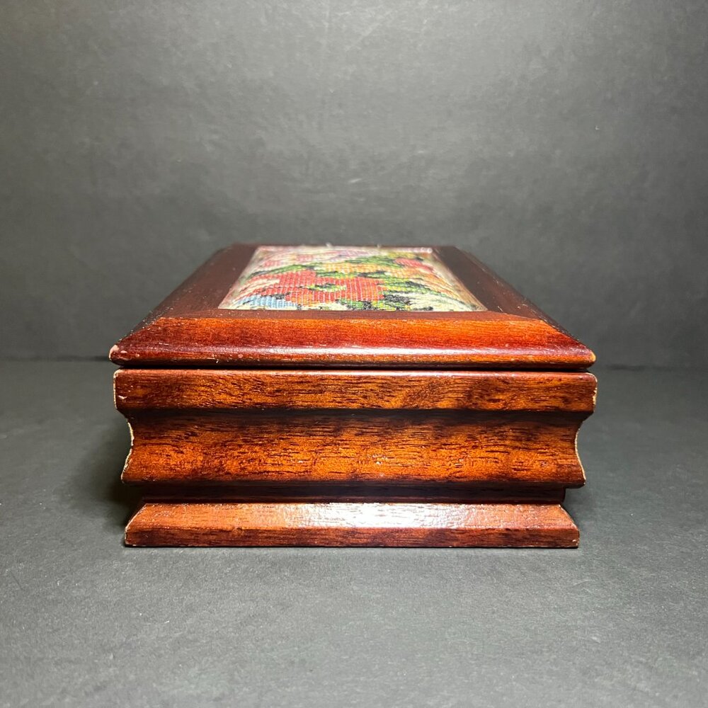 Vintage Floral Tapestry Inlay Wooden Hinged Lid Pink Velvet Lined Jewelry Box - Picture 6 of 10